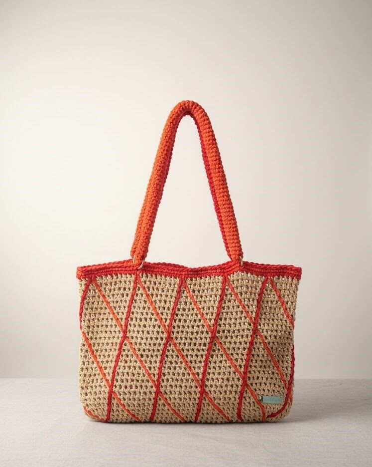 Turuncu Baklava Desenli El Örgüsü Omuz Çantası