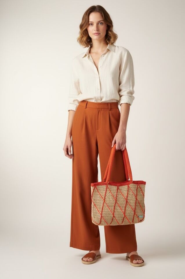 Turuncu Baklava Desenli El Örgüsü Omuz Çantası