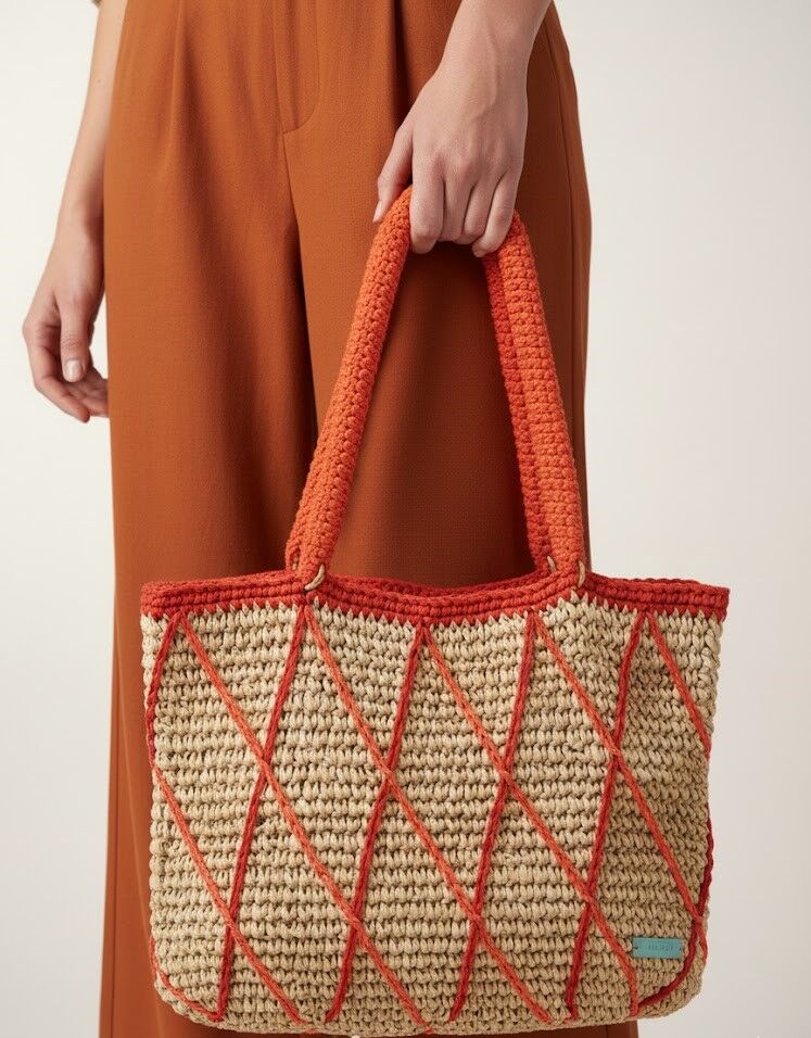 Turuncu Baklava Desenli El Örgüsü Omuz Çantası