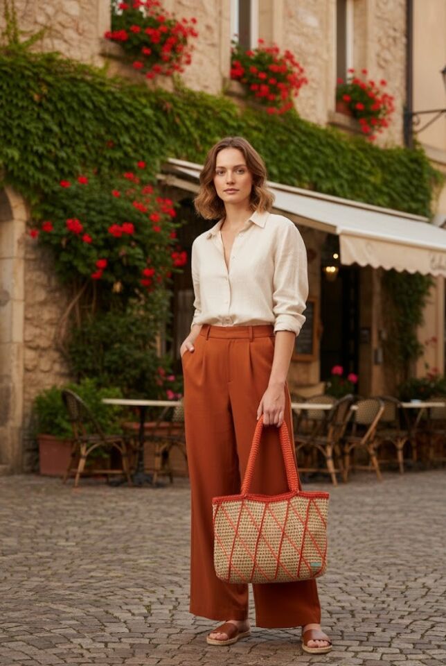 Turuncu Baklava Desenli El Örgüsü Omuz Çantası