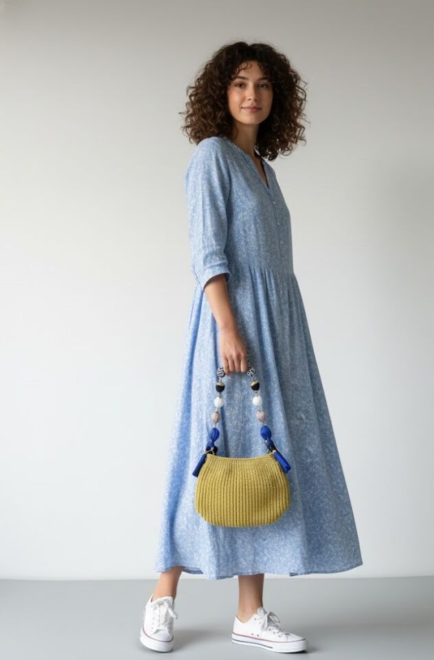 Hardal Sarısı Örgü El Çantası ve Özel Tasarım Boncuk Sap