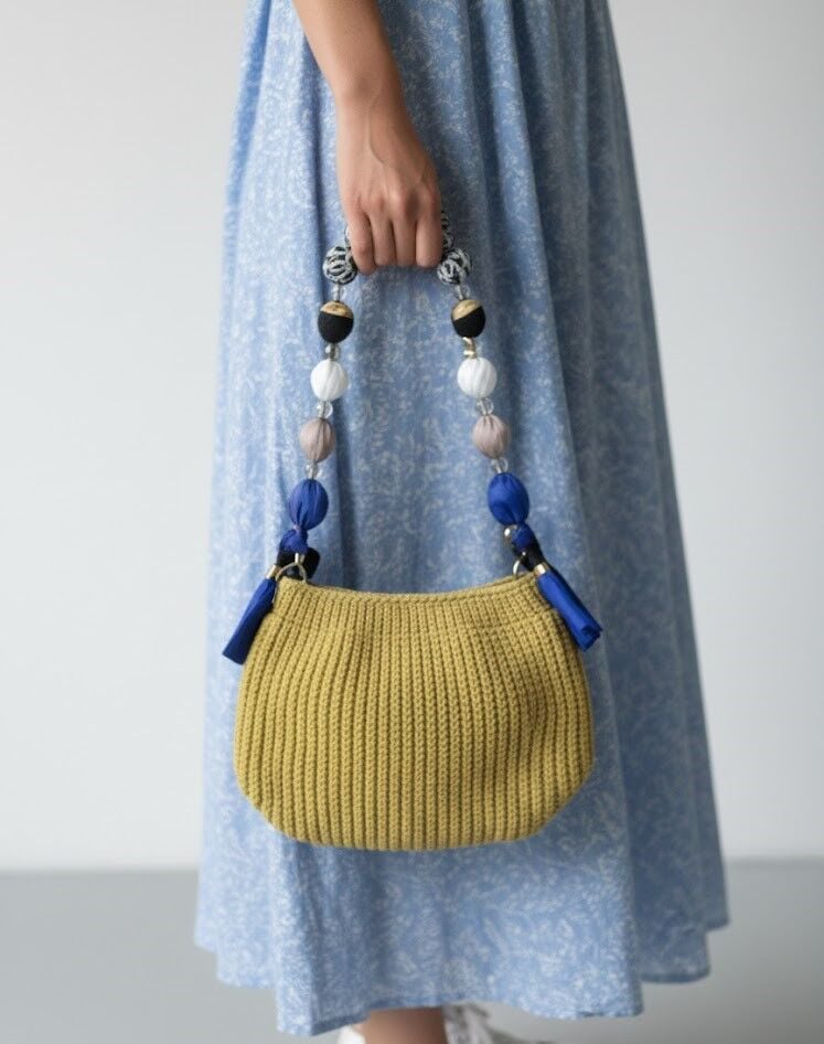 Hardal Sarısı Örgü El Çantası ve Özel Tasarım Boncuk Sap