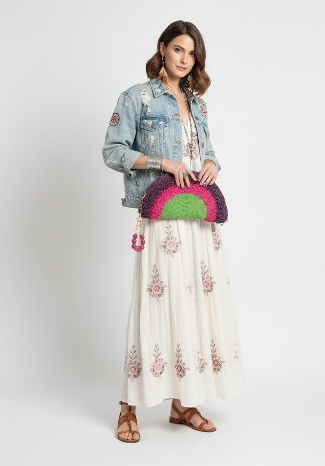 Gökkuşağı Esintili El Örgüsü Boncuklu Bilek Askılı Boho Clutch