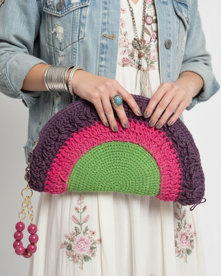 Gökkuşağı Esintili El Örgüsü Boncuklu Bilek Askılı Boho Clutch