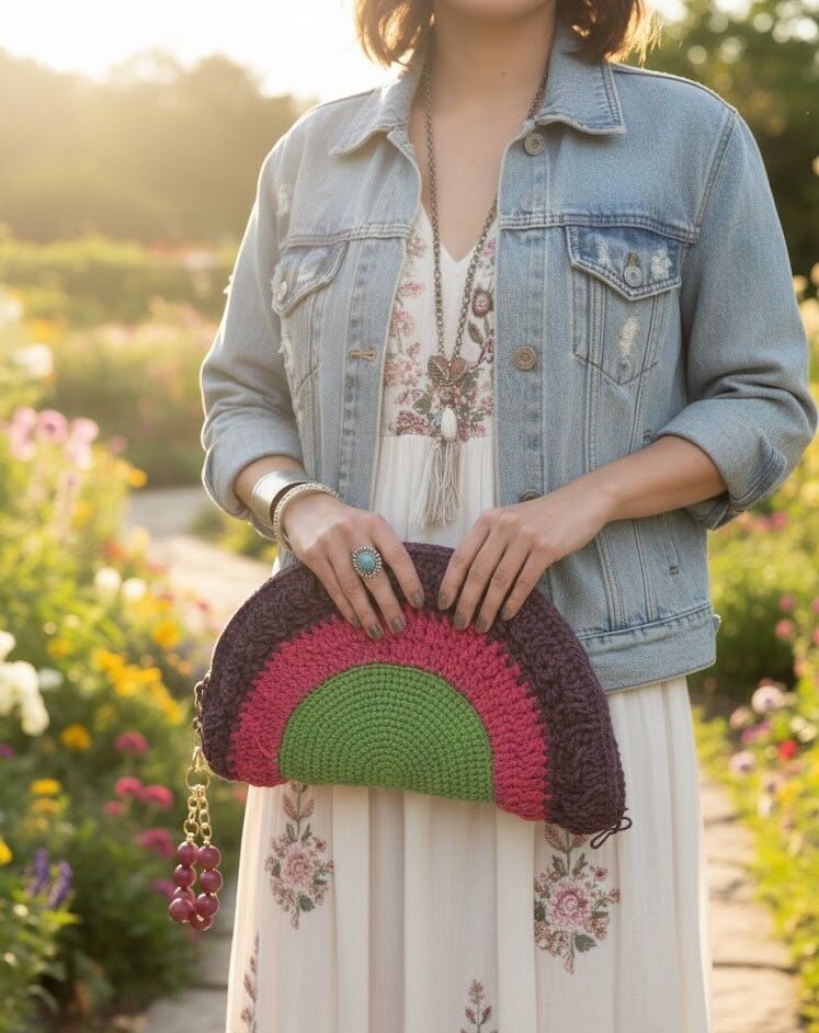 Gökkuşağı Esintili El Örgüsü Boncuklu Bilek Askılı Boho Clutch