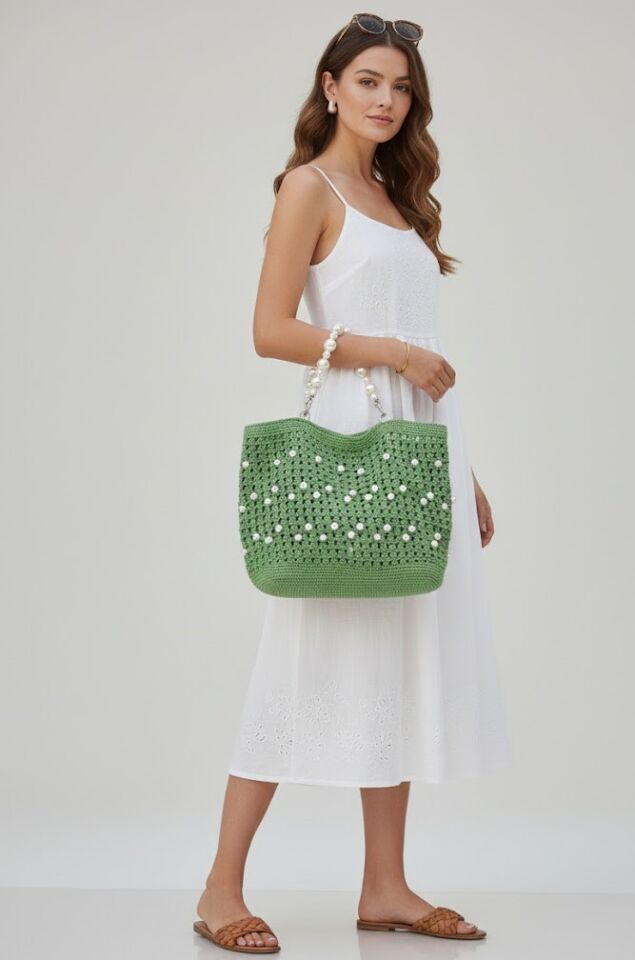 İnci Işıltılı El Örgüsü Yeşil Tote Çanta