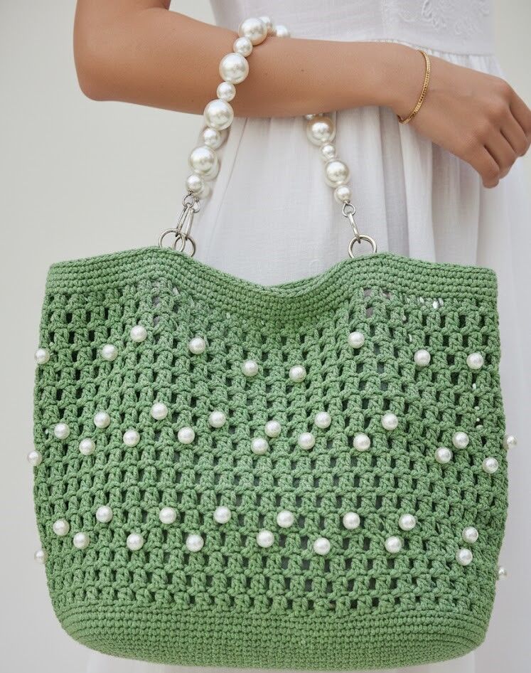 İnci Işıltılı El Örgüsü Yeşil Tote Çanta