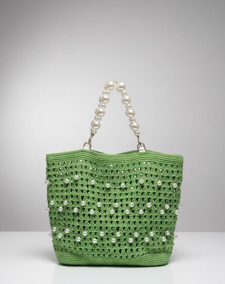 İnci Işıltılı El Örgüsü Yeşil Tote Çanta
