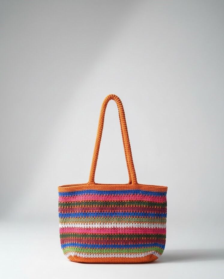 Gökkuşağı Esintili El Örgüsü Boho Tote Çanta