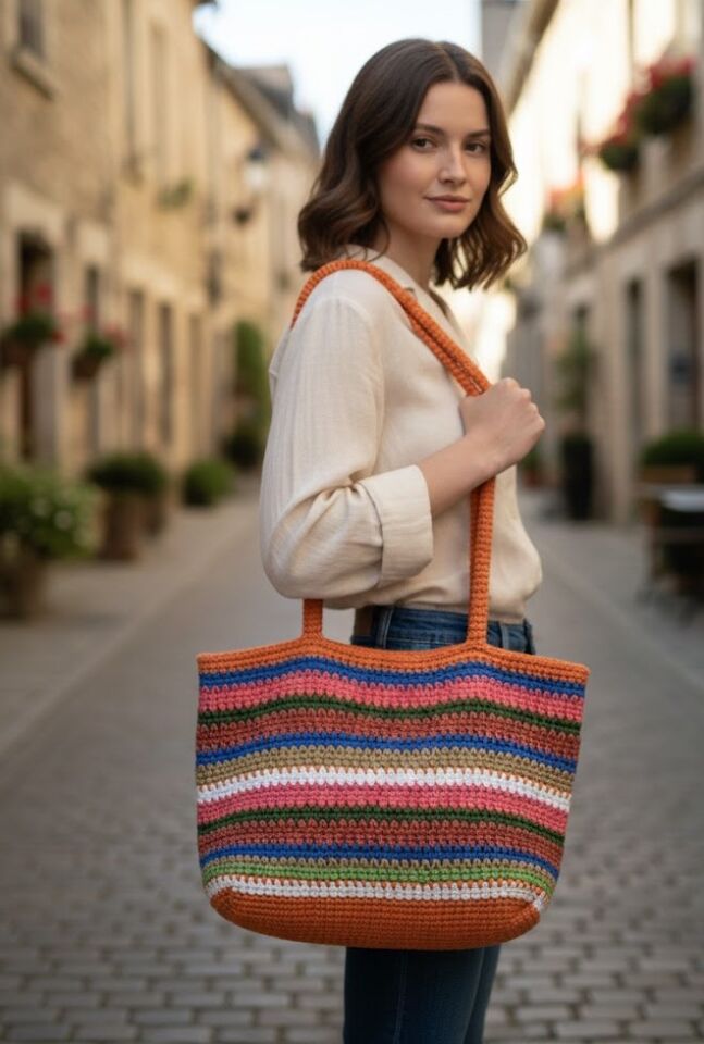 Gökkuşağı Esintili El Örgüsü Boho Tote Çanta