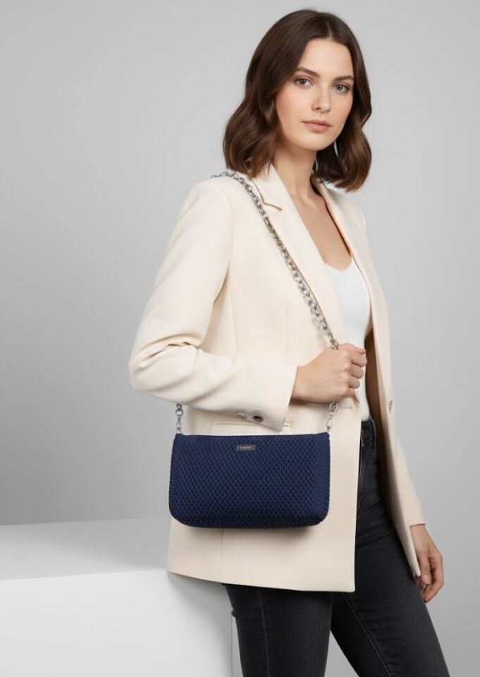 Gece Mavisi Gümüş Zincir Askılı El Örgüsü Baget Çanta