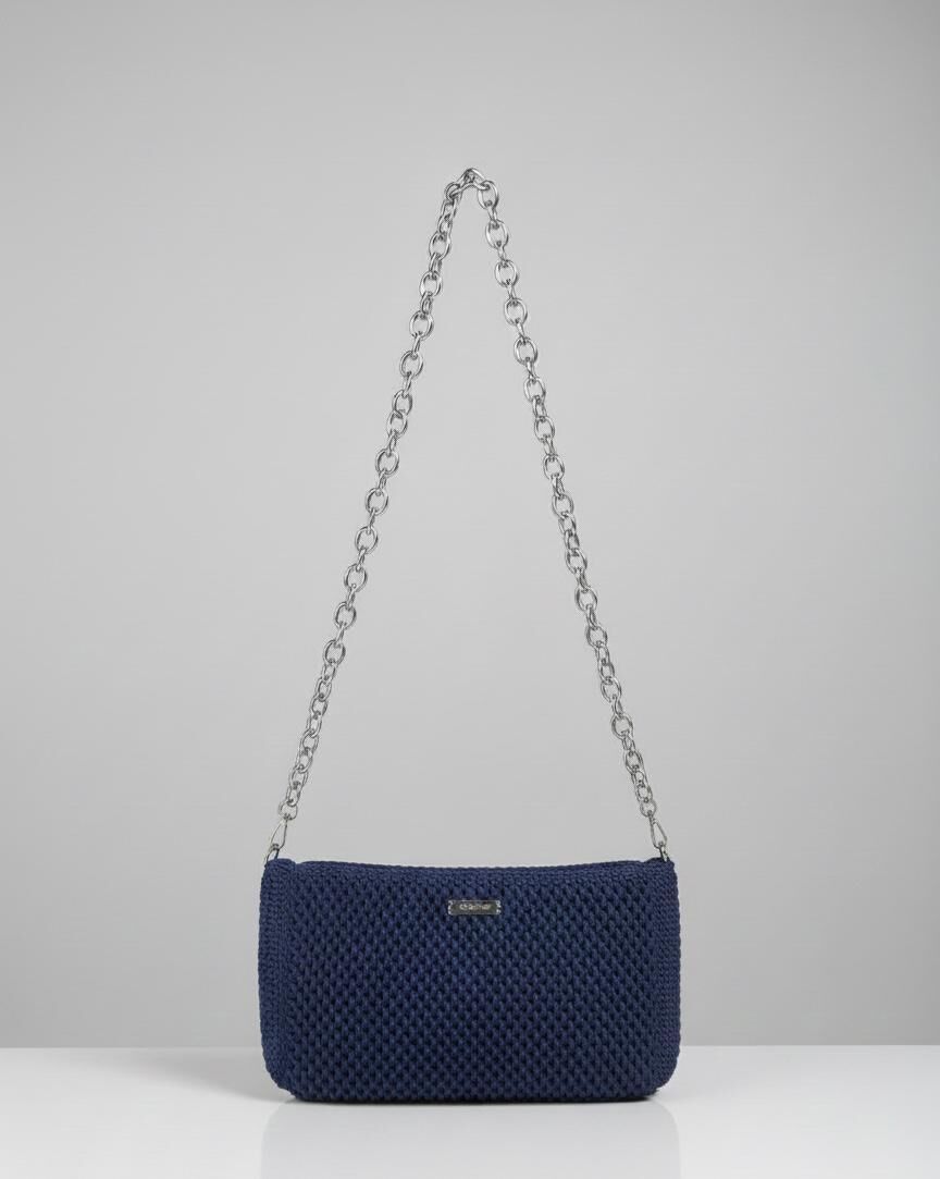 Gece Mavisi Gümüş Zincir Askılı El Örgüsü Baget Çanta