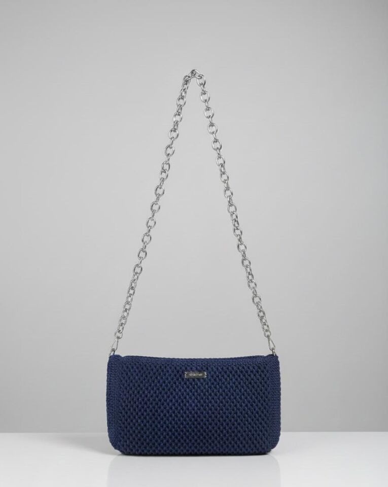 Gece Mavisi Gümüş Zincir Askılı El Örgüsü Baget Çanta