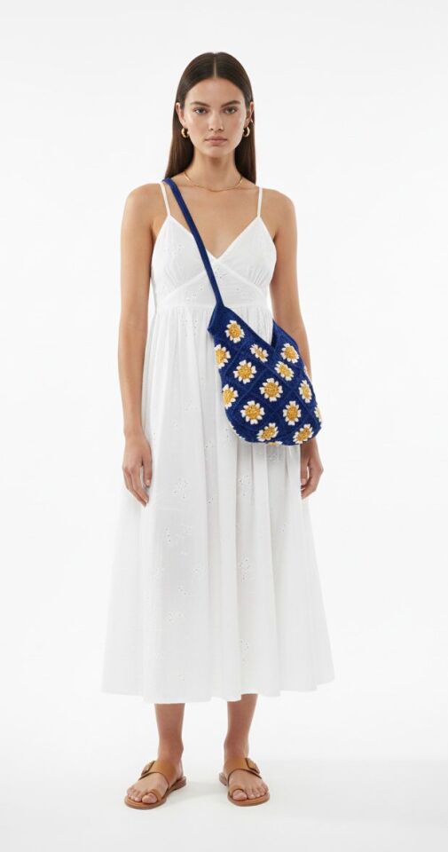 El Örgüsü Papatya Motifli Omuz Çantası