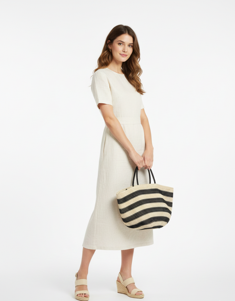 Hasır Dokulu Çizgili Büyük Boy Omuz Çantası