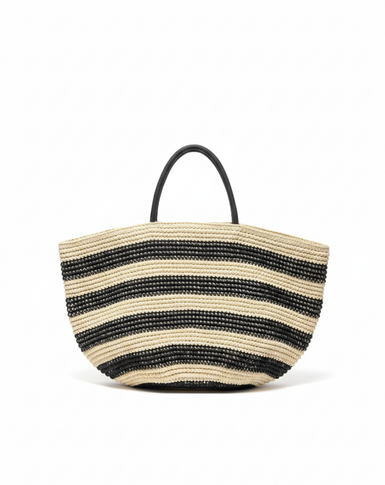 Hasır Dokulu Çizgili Büyük Boy Omuz Çantası