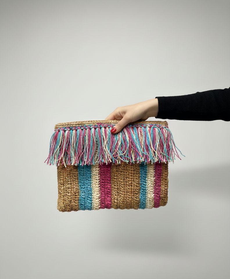 Renkli Püskül Detaylı Bohem Hasır Portföy Çanta