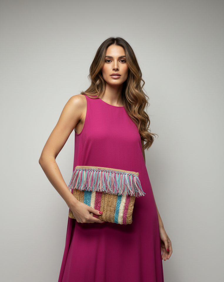 Renkli Püskül Detaylı Bohem Hasır Portföy Çanta