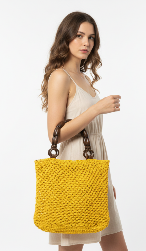 Güneş Sarısı Ahşap Saplı El Örmesi Omuz Çantası