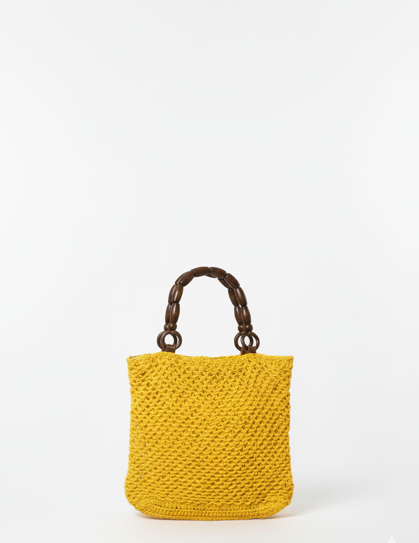 Güneş Sarısı Ahşap Saplı El Örmesi Omuz Çantası