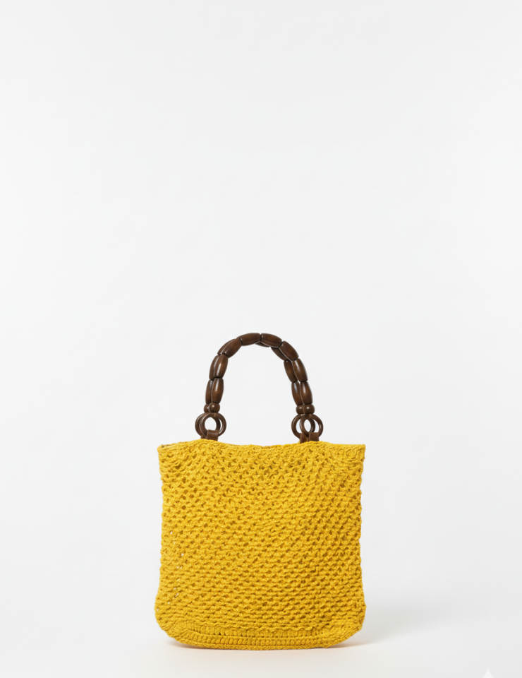 Güneş Sarısı Ahşap Saplı El Örmesi Omuz Çantası