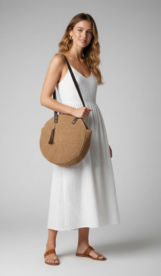 Dairesel Model Hasır Omuz Çantası