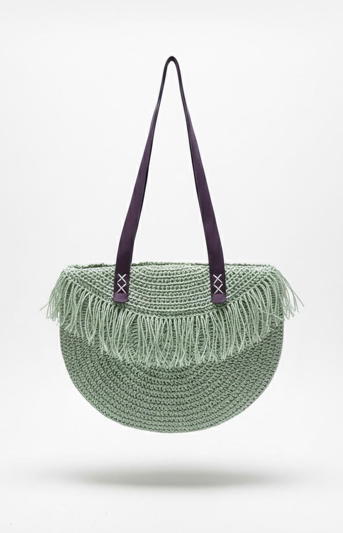 Yeşil El Örmesi Püskül Detaylı Bohem Omuz Çantası