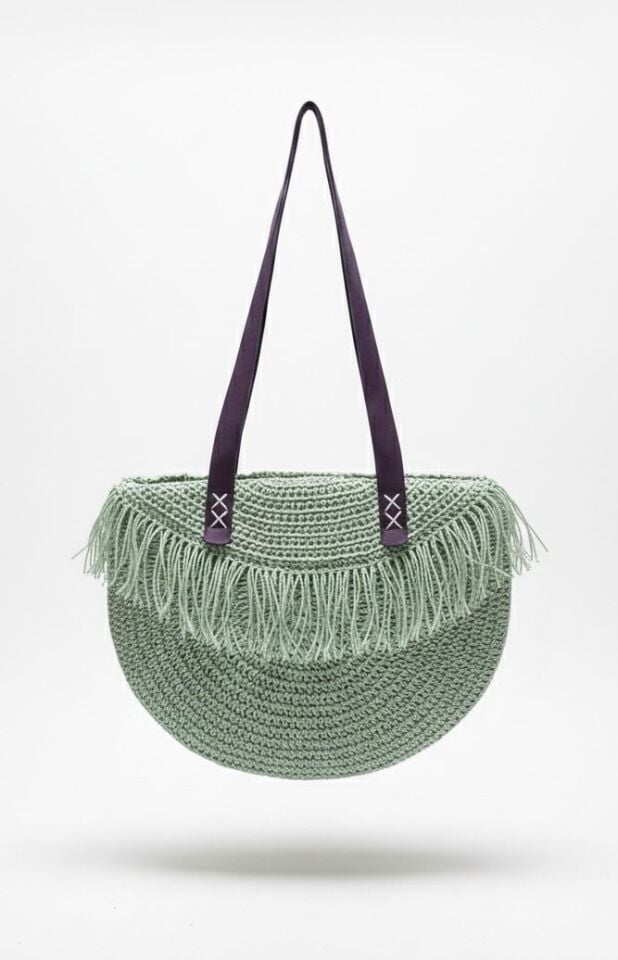 Yeşil El Örmesi Püskül Detaylı Bohem Omuz Çantası