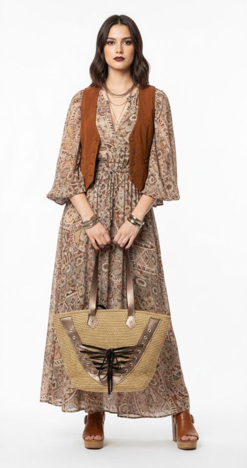 Bağcık Detaylı ve Metalik Askılı Yazlık Tote Çanta