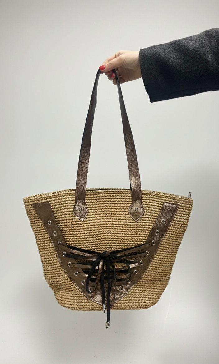 Bağcık Detaylı ve Metalik Askılı Yazlık Tote Çanta