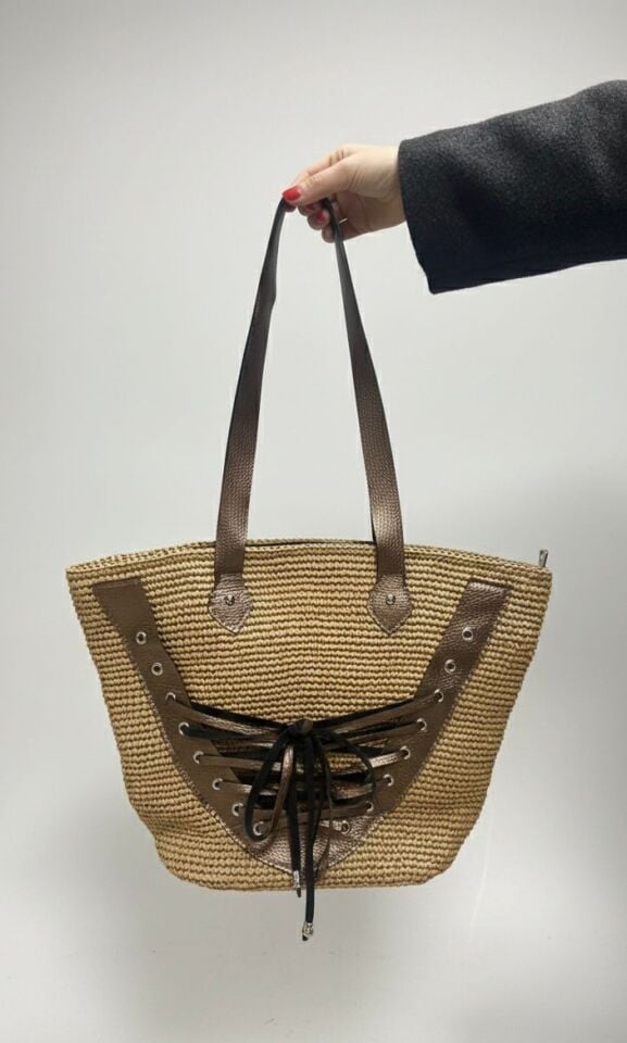 Bağcık Detaylı ve Metalik Askılı Yazlık Tote Çanta