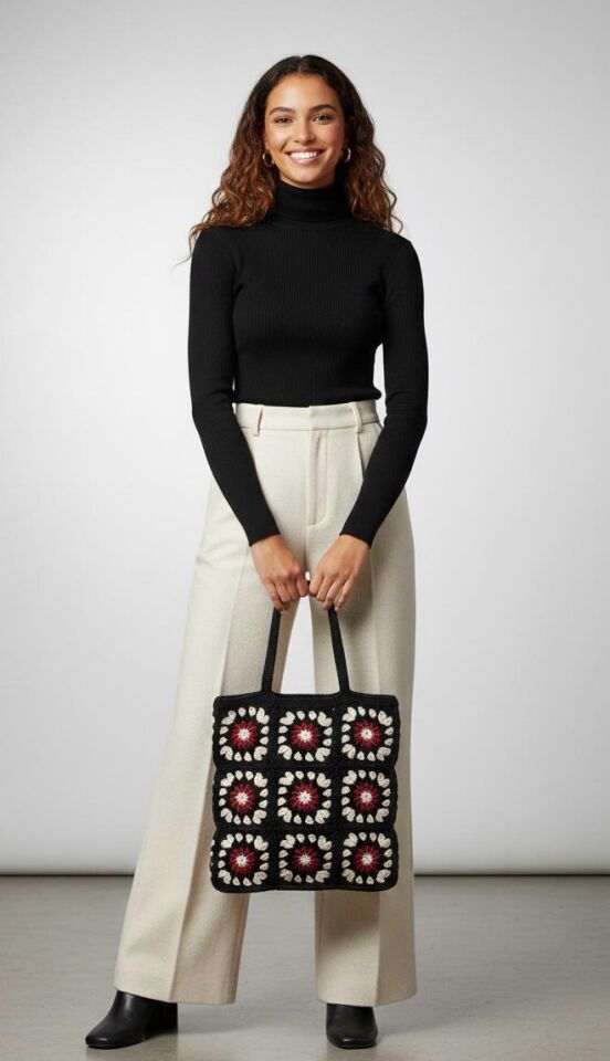 El Örmesi Motifli Kare Omuz Çantası