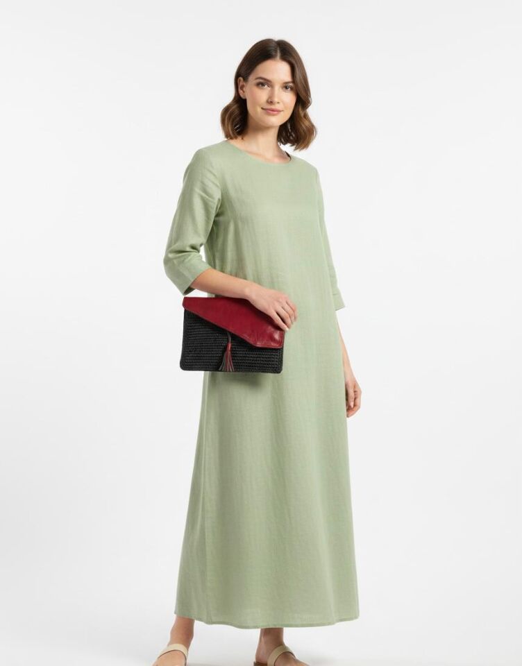 Bordo Deri Detaylı Siyah Hasır Portföy