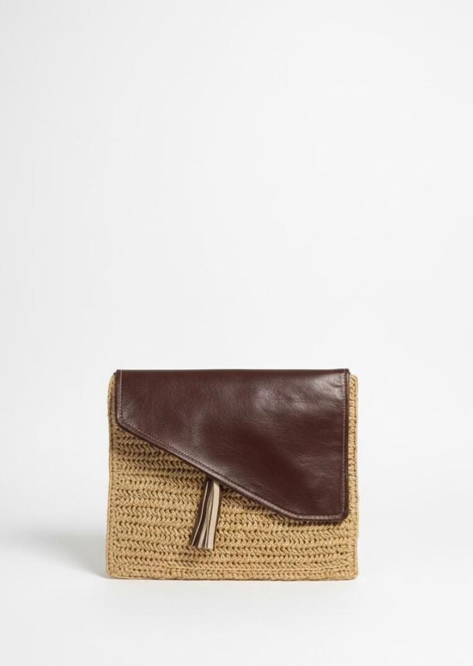 Deri Kapaklı Hasır Portföy Çanta