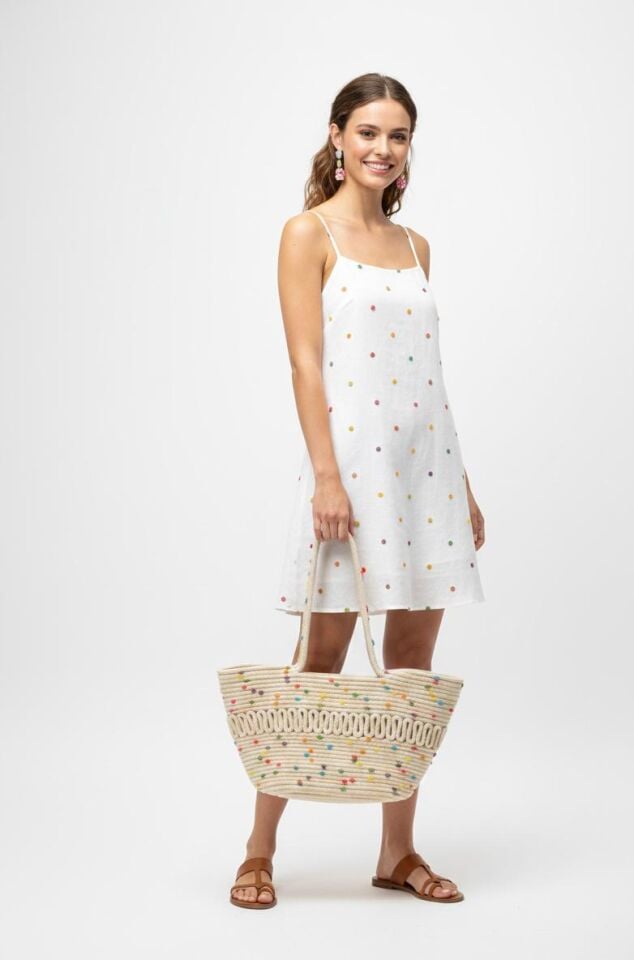 Renkli Ponpon Detaylı Halat Örgü Tote Çanta