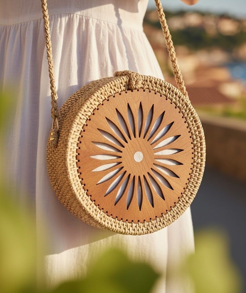Ahşap Güneş Detaylı Yuvarlak Hasır Omuz Çantası