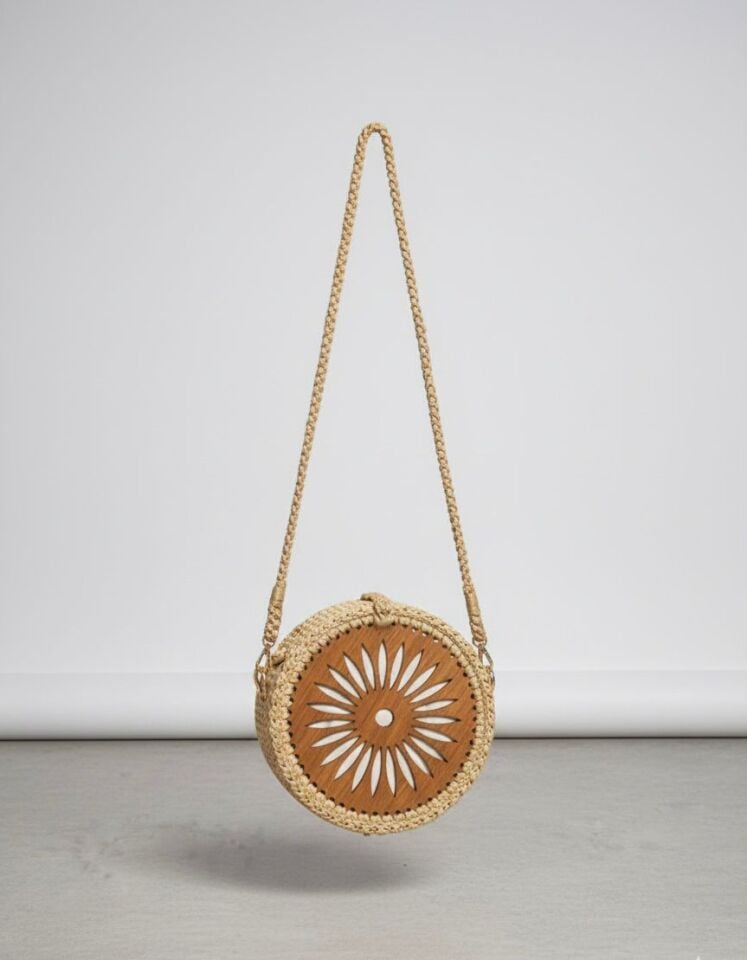 Ahşap Güneş Detaylı Yuvarlak Hasır Omuz Çantası