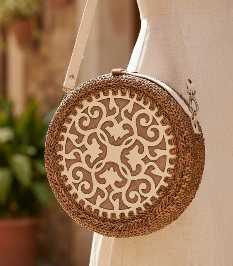 Lazer Kesim Nakış Detaylı Yuvarlak Örgü Omuz Çantası