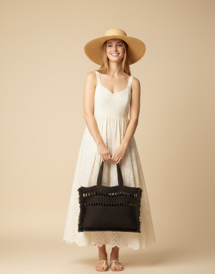 Püskül Detaylı ve Pencereli El Örgüsü Tote Çanta