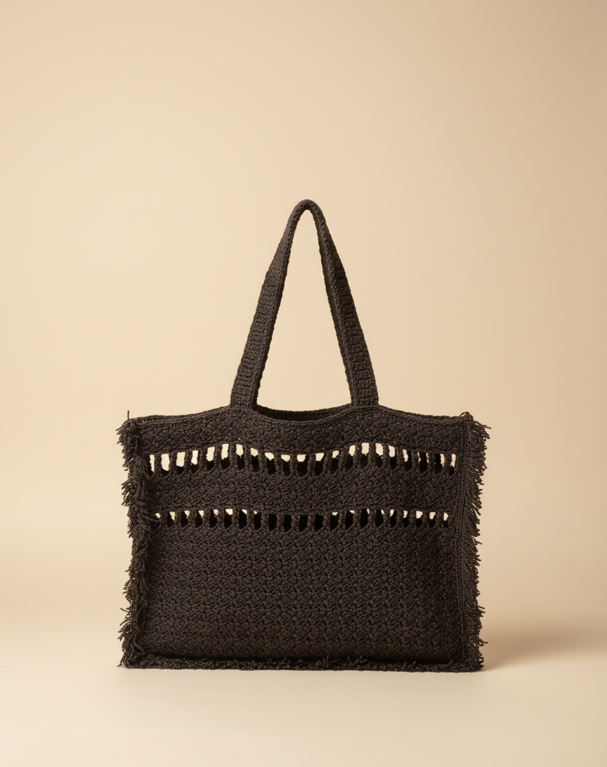 Püskül Detaylı ve Pencereli El Örgüsü Tote Çanta