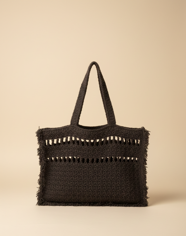 Püskül Detaylı ve Pencereli El Örgüsü Tote Çanta
