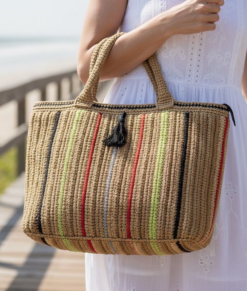 El Örgüsü Renkli Şeritli Hasır Görünümlü Omuz Çantası