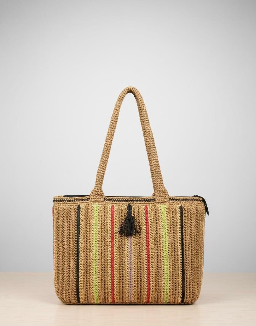 El Örgüsü Renkli Şeritli Hasır Görünümlü Omuz Çantası