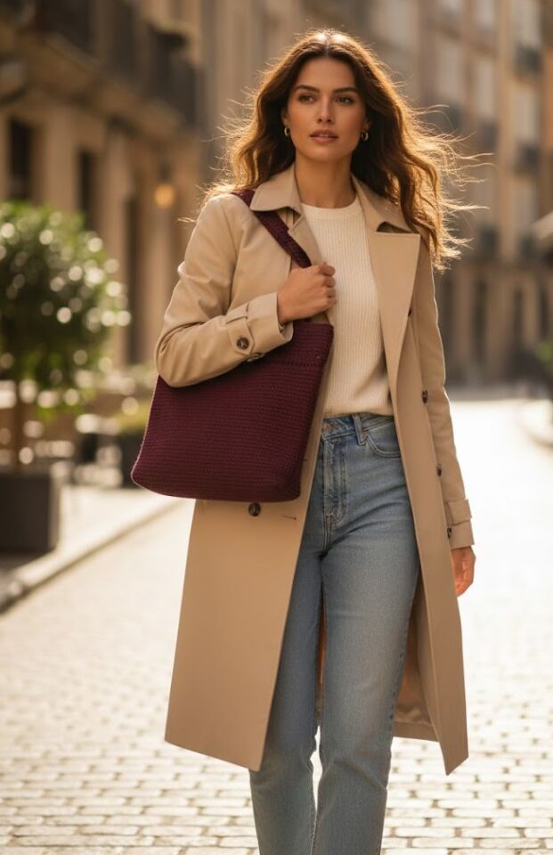 Mürdüm Rengi El Örgüsü Minimalist Omuz Çantası