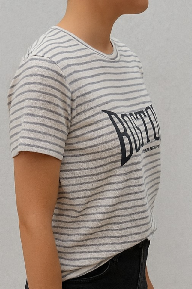 Unisex Çizgi Desenli Bisiklet Yaka Tişört Ekru - M