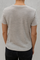 Unisex Çizgi Desenli Bisiklet Yaka Tişört Ekru - M