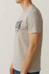 Unisex Çizgi Desenli Bisiklet Yaka Tişört Ekru - M