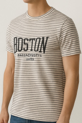 Unisex Çizgi Desenli Bisiklet Yaka Tişört Ekru - M