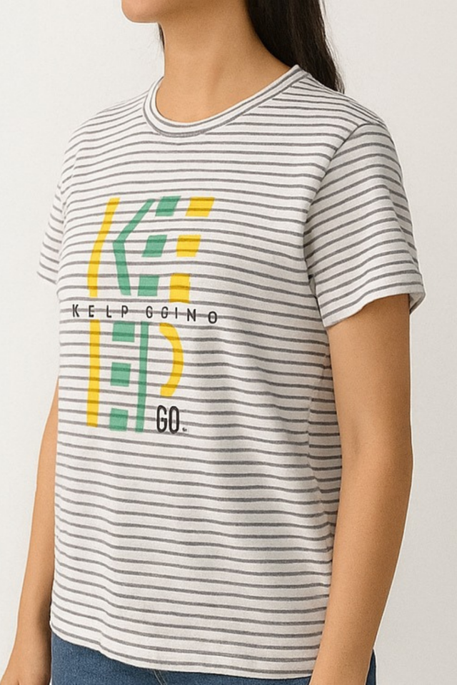 Unisex Çizgi Desenli Bisiklet Yaka Tişört Ekru - XL