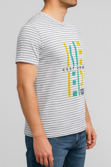 Unisex Çizgi Desenli Bisiklet Yaka Tişört Bej - M